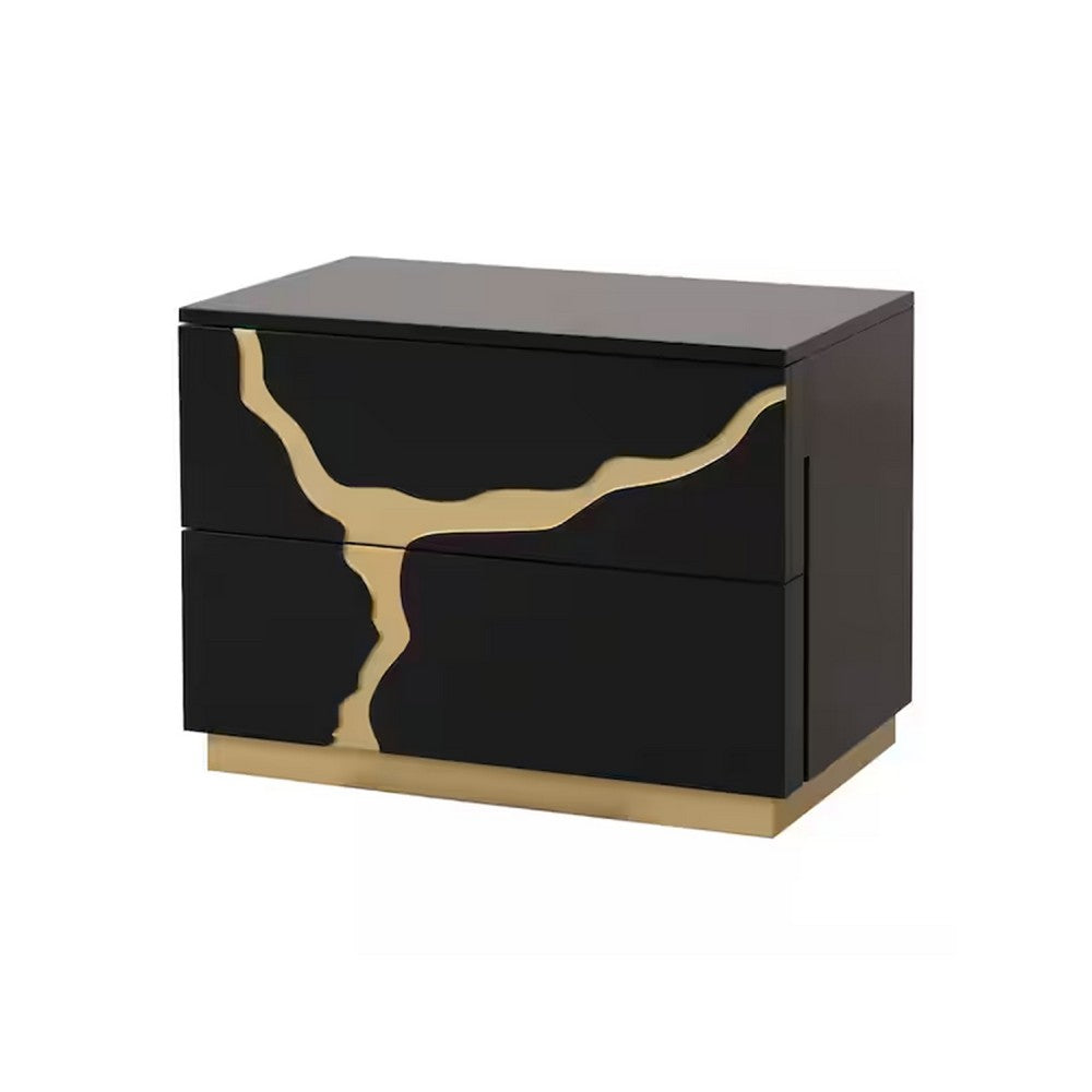 Goldie Nightstand, 2 Drawers, Gold and Black Solid Wood, 28 Inch - BM340843