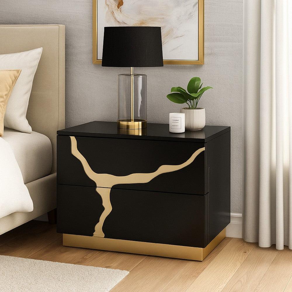 Goldie Nightstand, 2 Drawers, Gold and Black Solid Wood, 28 Inch - BM340843