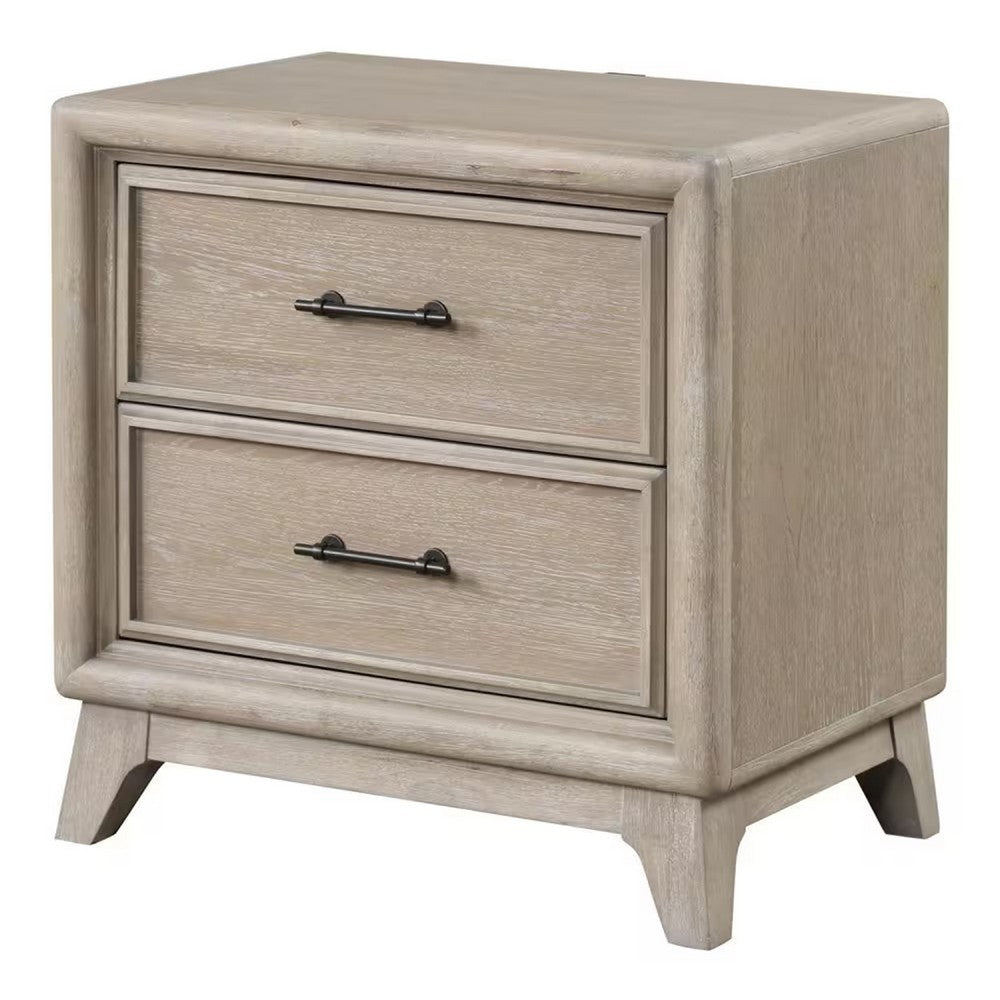 Myna Nightstand, 2 Drawers, Oak Brown Wood, Metal Handles, 27 Inch - BM340854