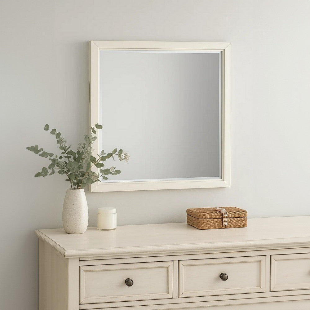 Toi Dresser Mirror, Beveled Glass, Antique White Finished Solid Wood, 38 Inch - BM340856