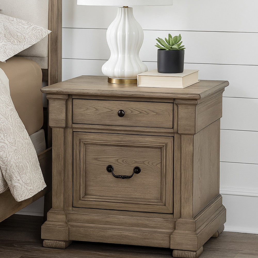 Roi Nightstand, 2 Drawers, Weathered Gray Solid Wood, 28 Inch - BM340859