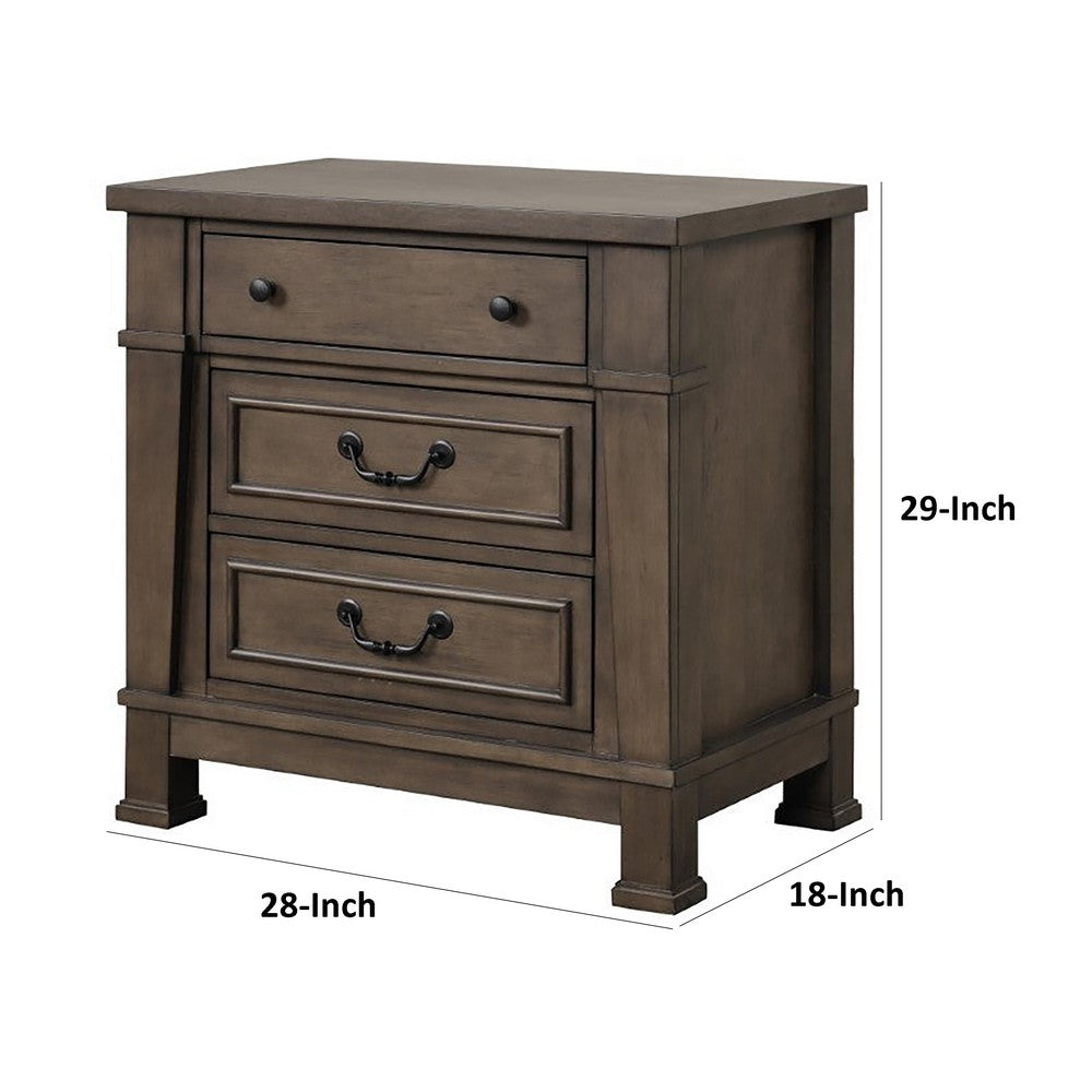 Huder Nightstand, 3 Drawers, Dark Walnut Brown Wood, Black Metal, 29 Inch - BM340863