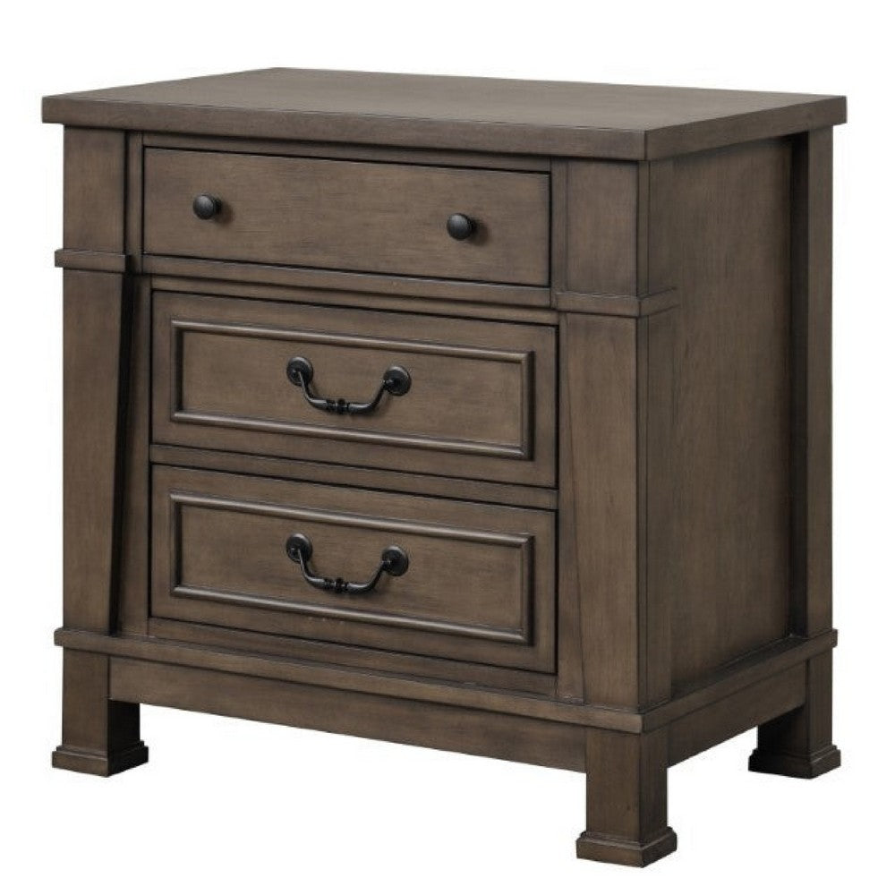 Huder Nightstand, 3 Drawers, Dark Walnut Brown Wood, Black Metal, 29 Inch - BM340863