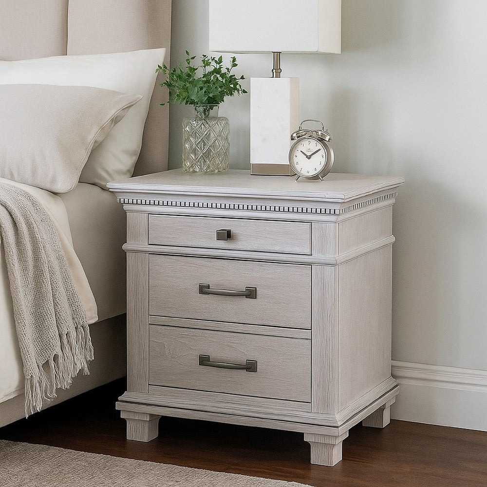 Leyne Nightstand, 3 Drawers, Farmhouse Weathered Gray Solid Wood, 26 Inch - BM340874