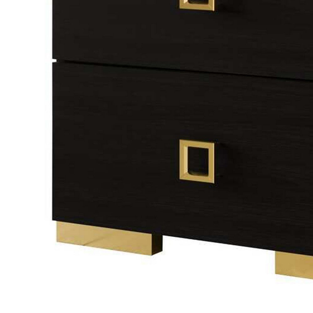 Lati Nightstand, 2 Drawers, Black Wood, Gold Metal, 24 Inch - BM340882