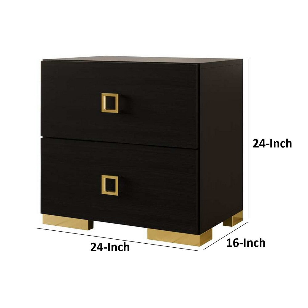 Lati Nightstand, 2 Drawers, Black Wood, Gold Metal, 24 Inch - BM340882