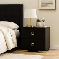 Lati Nightstand, 2 Drawers, Black Wood, Gold Metal, 24 Inch - BM340882
