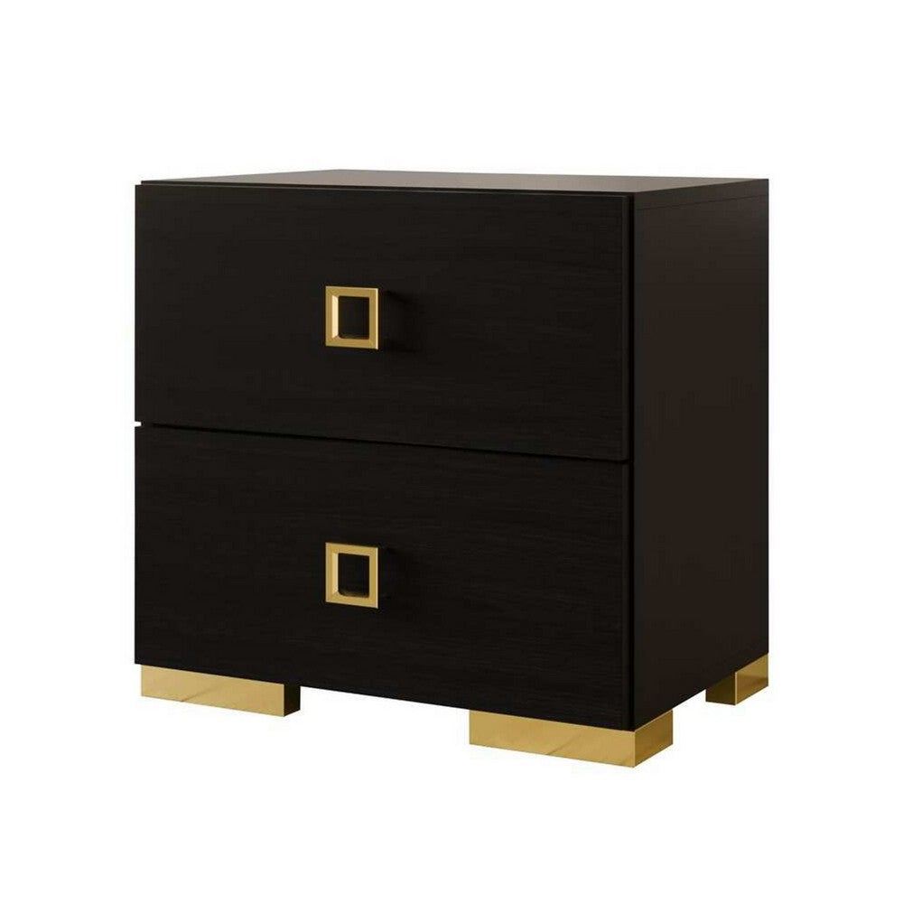 Lati Nightstand, 2 Drawers, Black Wood, Gold Metal, 24 Inch - BM340882