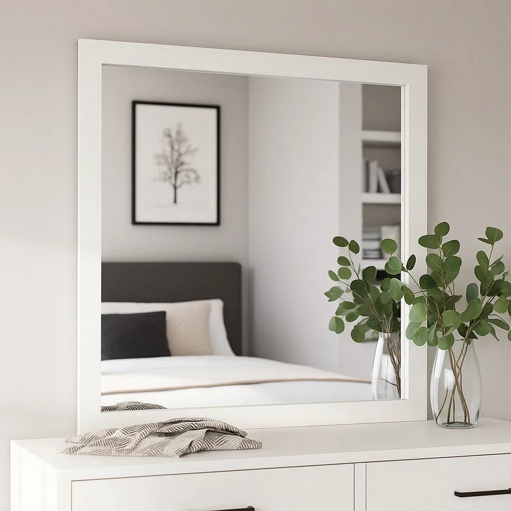 Dyl Dresser Mirror, Bevel Glass, White Wood Frame, 40 Inch Square - BM340884