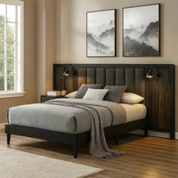 Fel Queen Size Bed, Dark Brown Wood Frame, Upholstered Headboard - BM340887