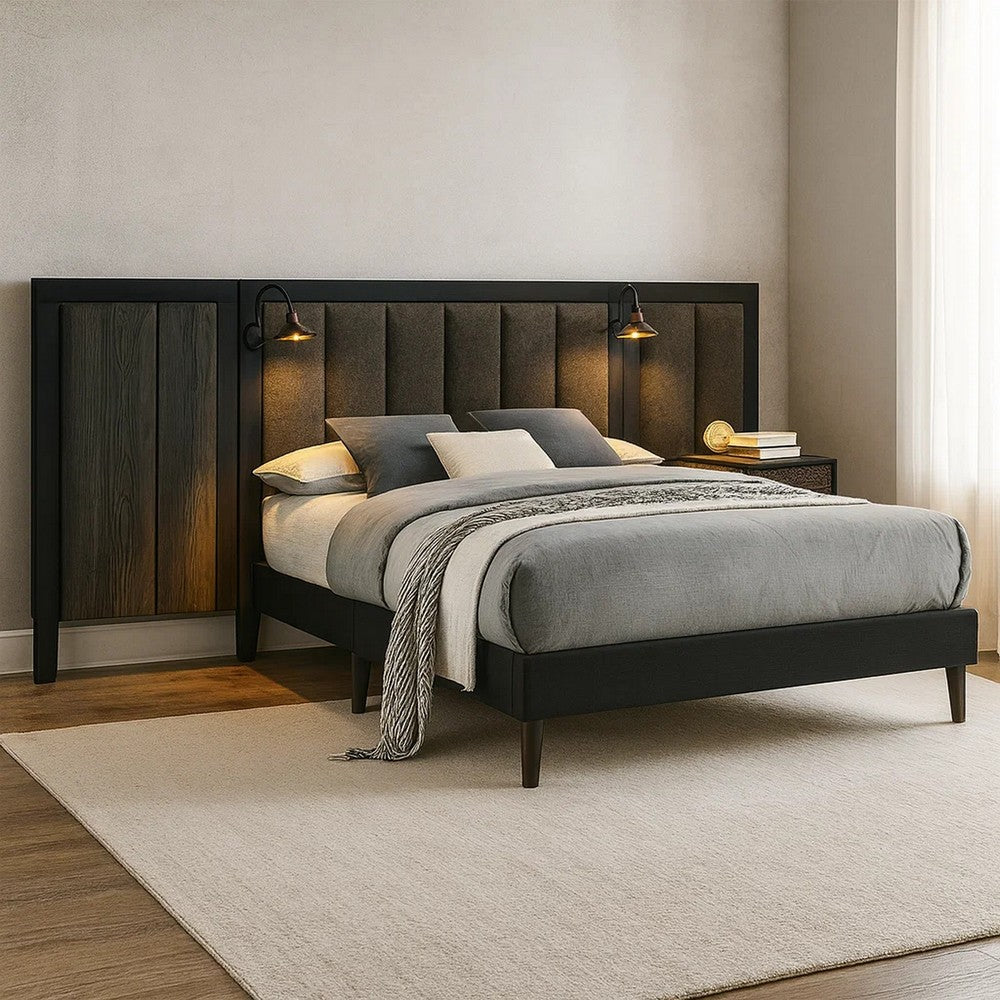 Fel Queen Size Bed, Dark Brown Wood Frame, Upholstered Headboard - BM340887