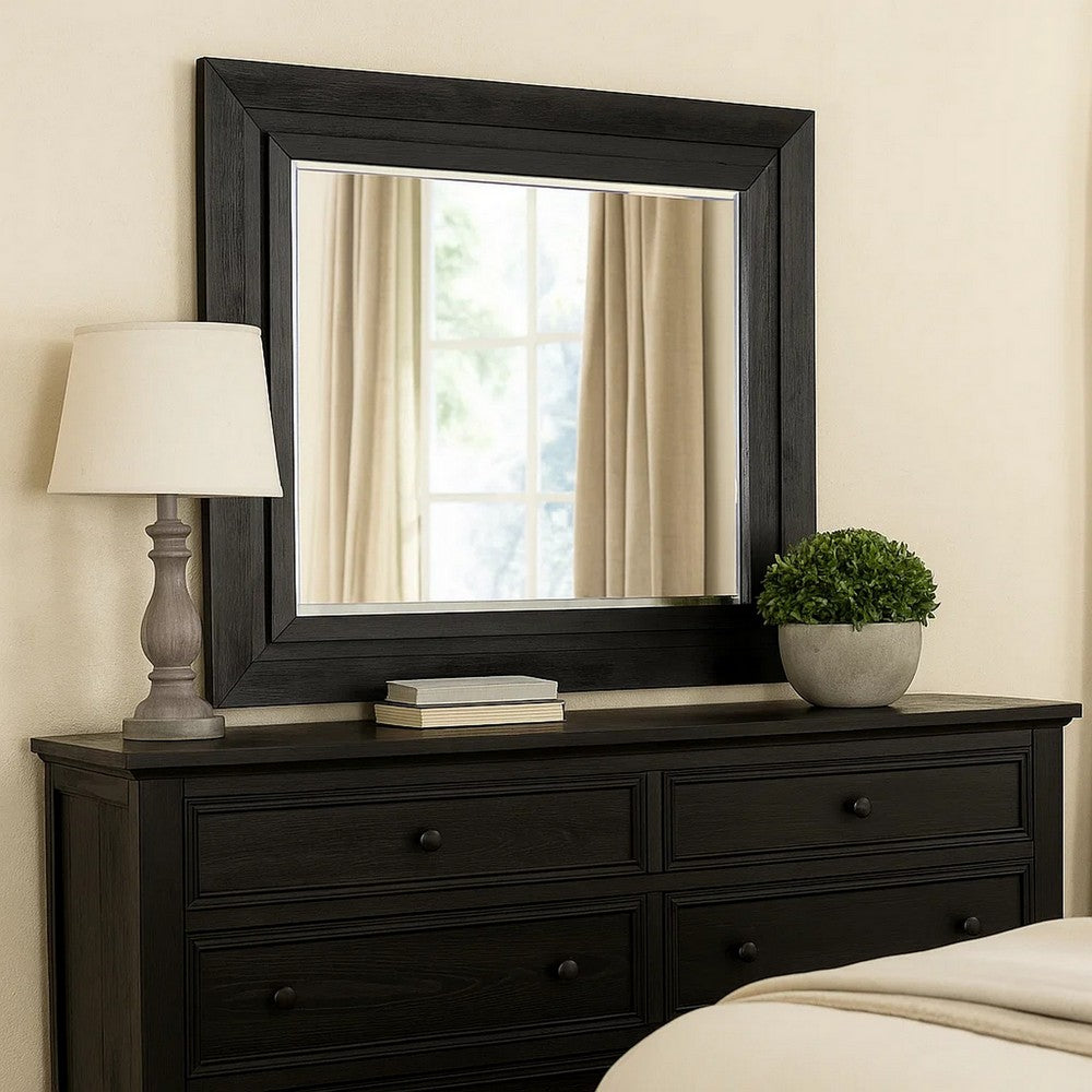 Ashen Dresser Mirror, Black Solid Wood, Rectangular Silhouette, 40x46 - BM340898