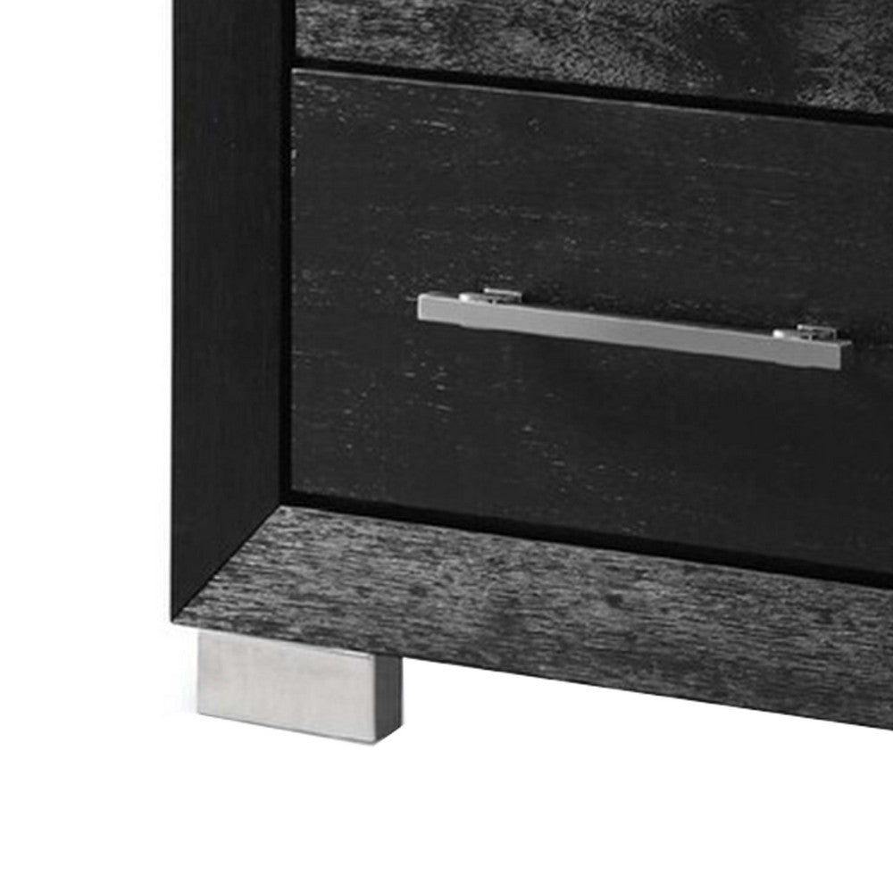 Ashen Nightstand w USB, 2 Drawers, Black Solid Wood, Chrome Metal, 26 Inch - BM340899