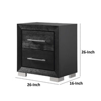 Ashen Nightstand w USB, 2 Drawers, Black Solid Wood, Chrome Metal, 26 Inch - BM340899