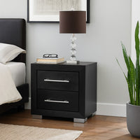 Ashen Nightstand w USB, 2 Drawers, Black Solid Wood, Chrome Metal, 26 Inch - BM340899