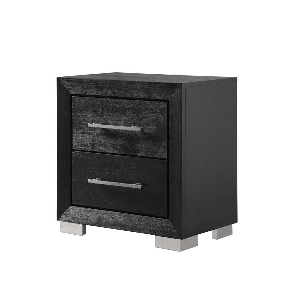 Ashen Nightstand w USB, 2 Drawers, Black Solid Wood, Chrome Metal, 26 Inch - BM340899