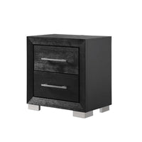 Ashen Nightstand w USB, 2 Drawers, Black Solid Wood, Chrome Metal, 26 Inch - BM340899