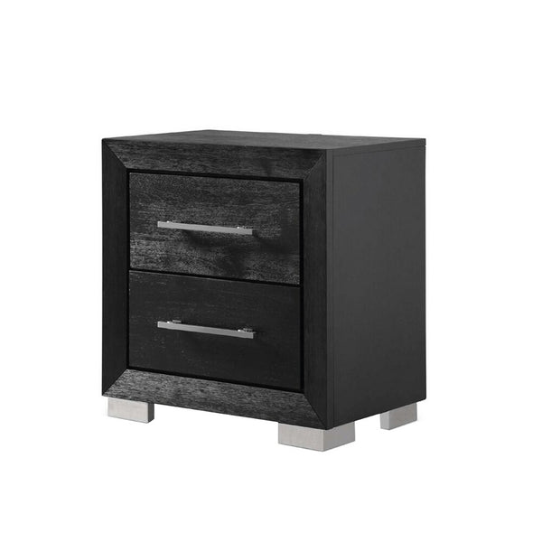 Ashen Nightstand w USB, 2 Drawers, Black Solid Wood, Chrome Metal, 26 Inch - BM340899