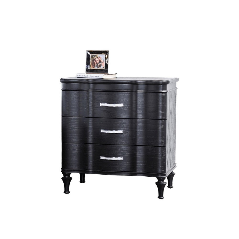 Eleena Nightstand, 3 Drawers, Black Solid Wood, Metal Handles, 28 Inch - BM340902