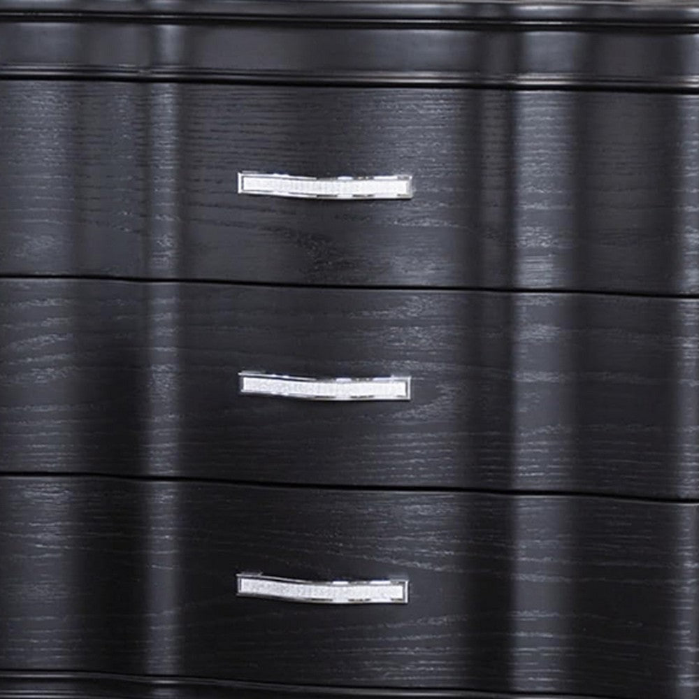 Eleena Nightstand, 3 Drawers, Black Solid Wood, Metal Handles, 28 Inch - BM340902