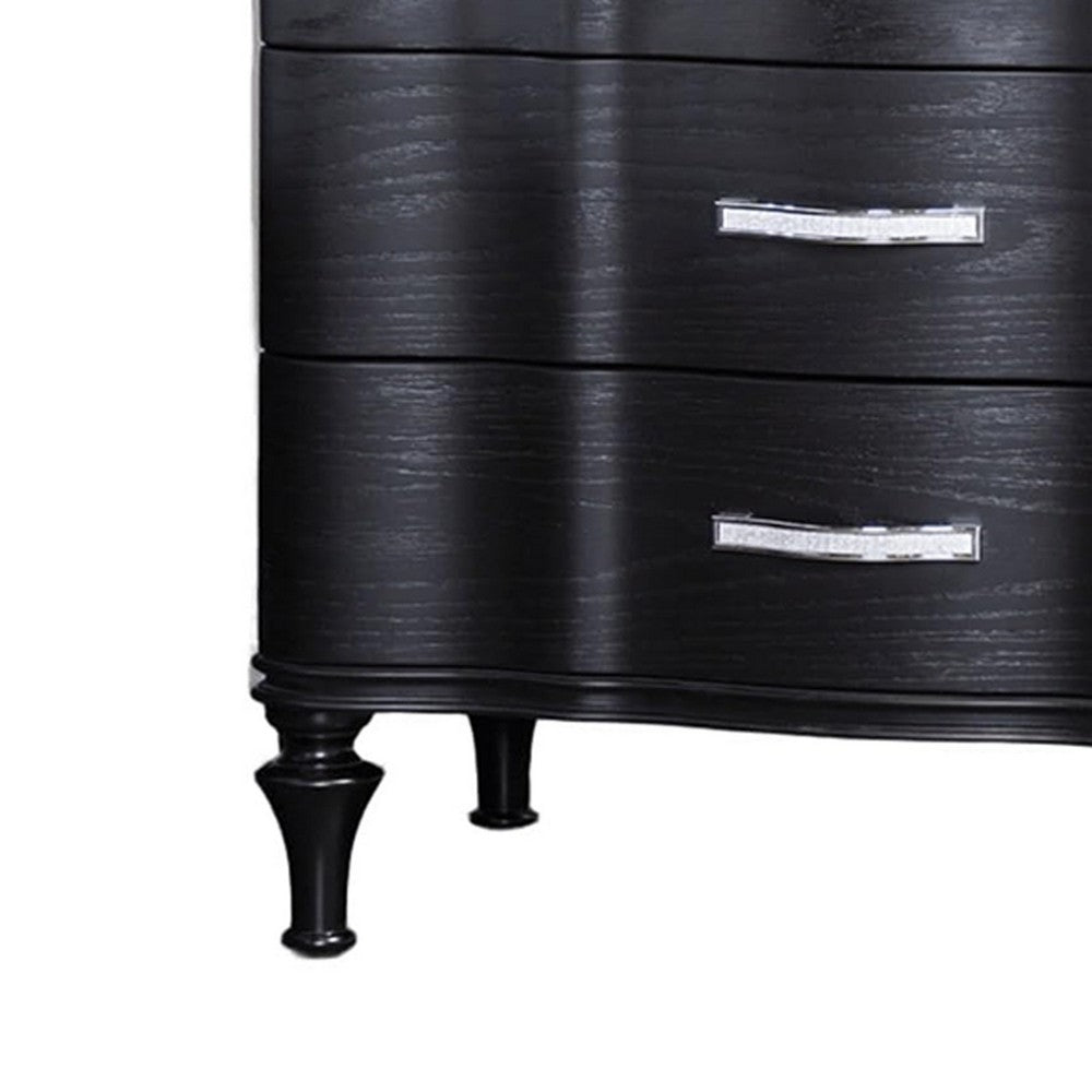 Eleena Nightstand, 3 Drawers, Black Solid Wood, Metal Handles, 28 Inch - BM340902