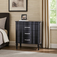 Eleena Nightstand, 3 Drawers, Black Solid Wood, Metal Handles, 28 Inch - BM340902
