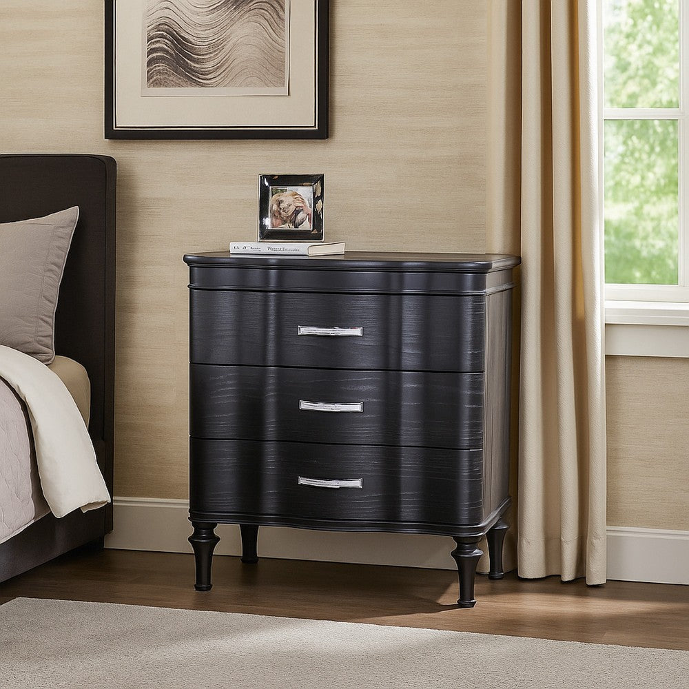 Eleena Nightstand, 3 Drawers, Black Solid Wood, Metal Handles, 28 Inch - BM340902