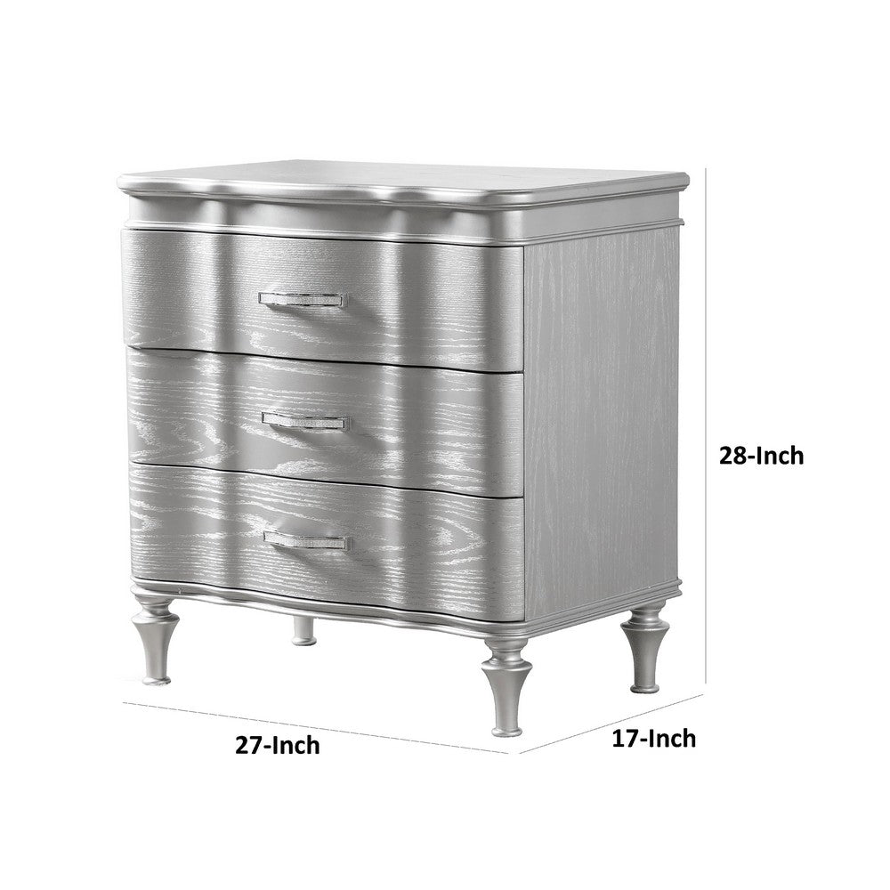 Eleena Nightstand, 3 Drawers, Silver Solid Wood, Metal Handles 28 Inch - BM340905