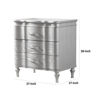 Eleena Nightstand, 3 Drawers, Silver Solid Wood, Metal Handles 28 Inch - BM340905