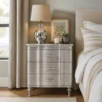 Eleena Nightstand, 3 Drawers, Silver Solid Wood, Metal Handles 28 Inch - BM340905