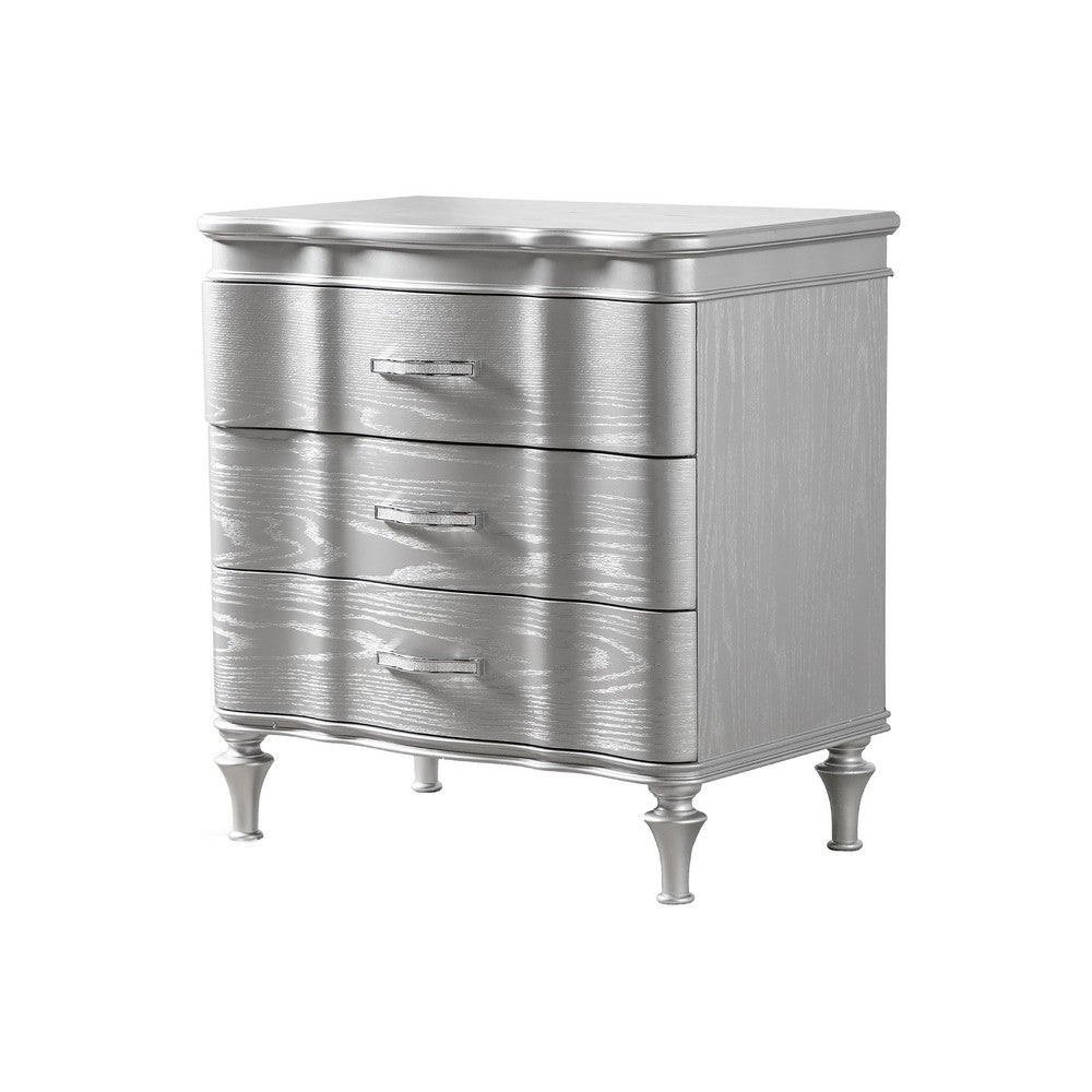 Eleena Nightstand, 3 Drawers, Silver Solid Wood, Metal Handles 28 Inch - BM340905