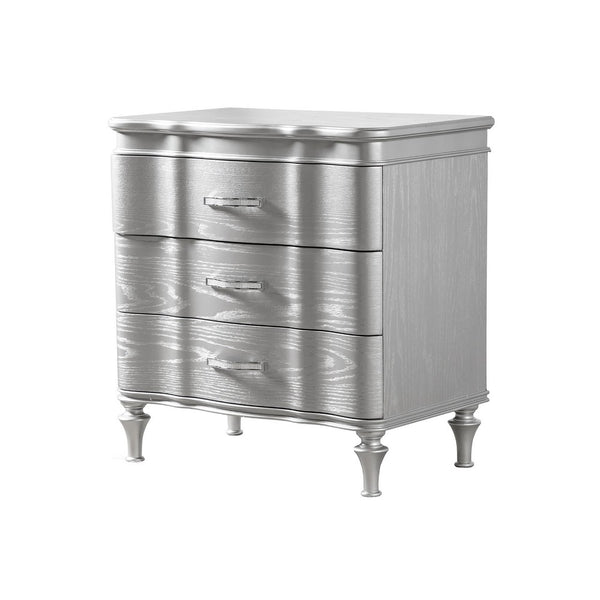 Eleena Nightstand, 3 Drawers, Silver Solid Wood, Metal Handles 28 Inch - BM340905