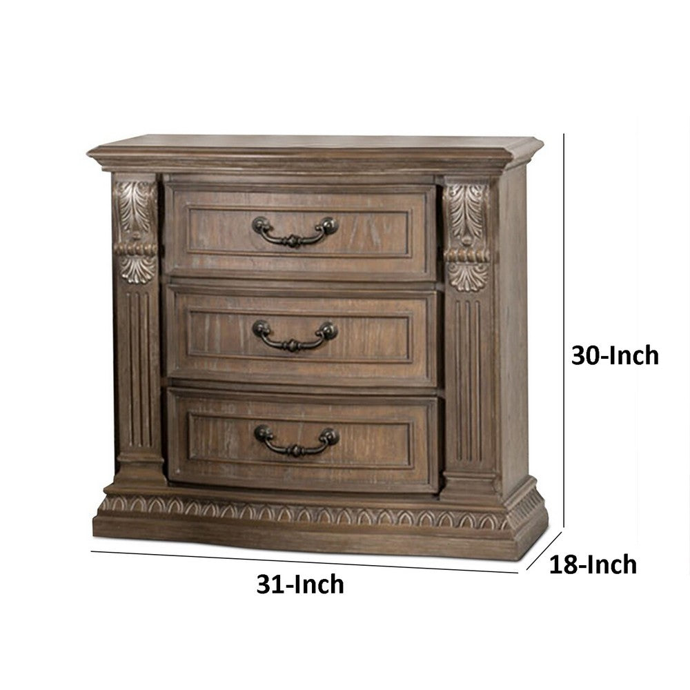 Reven Nightstand, 3 Drawers, Weathered Oak Brown Wood, Metal, 31 Inch - BM340911