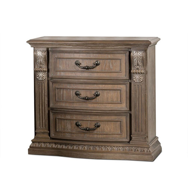 Reven Nightstand, 3 Drawers, Weathered Oak Brown Wood, Metal, 31 Inch - BM340911