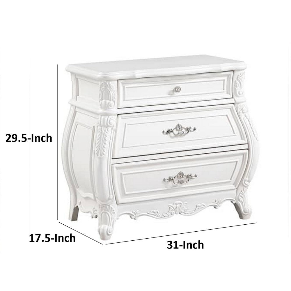 Valena Nightstand, 3 Drawers, White Solid Wood, Metal Handles, 31 Inch - BM340914