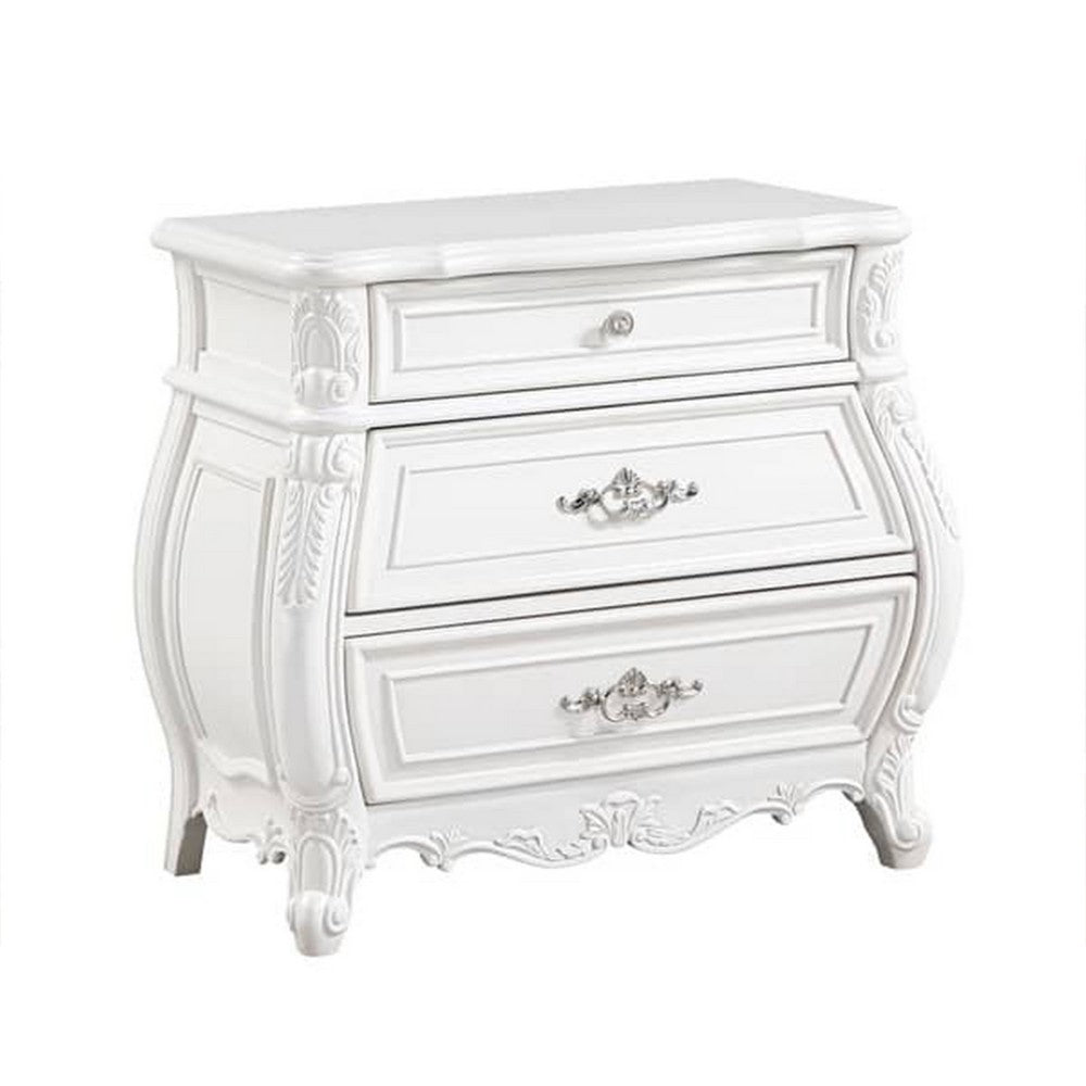 Valena Nightstand, 3 Drawers, White Solid Wood, Metal Handles, 31 Inch - BM340914