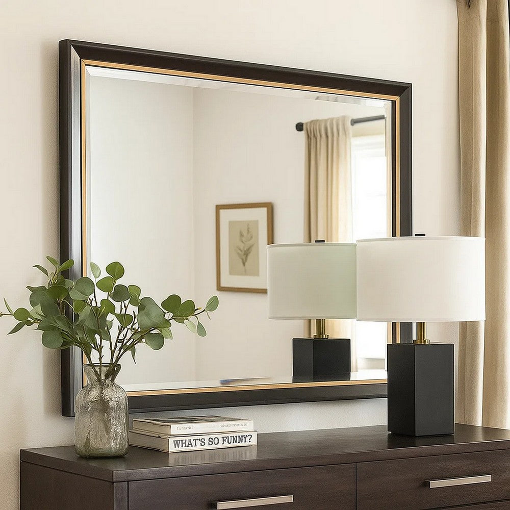 Yada Dresser Mirror, Beveled Glass, Espresso Brown Wood, Gold, 39x48 - BM340917