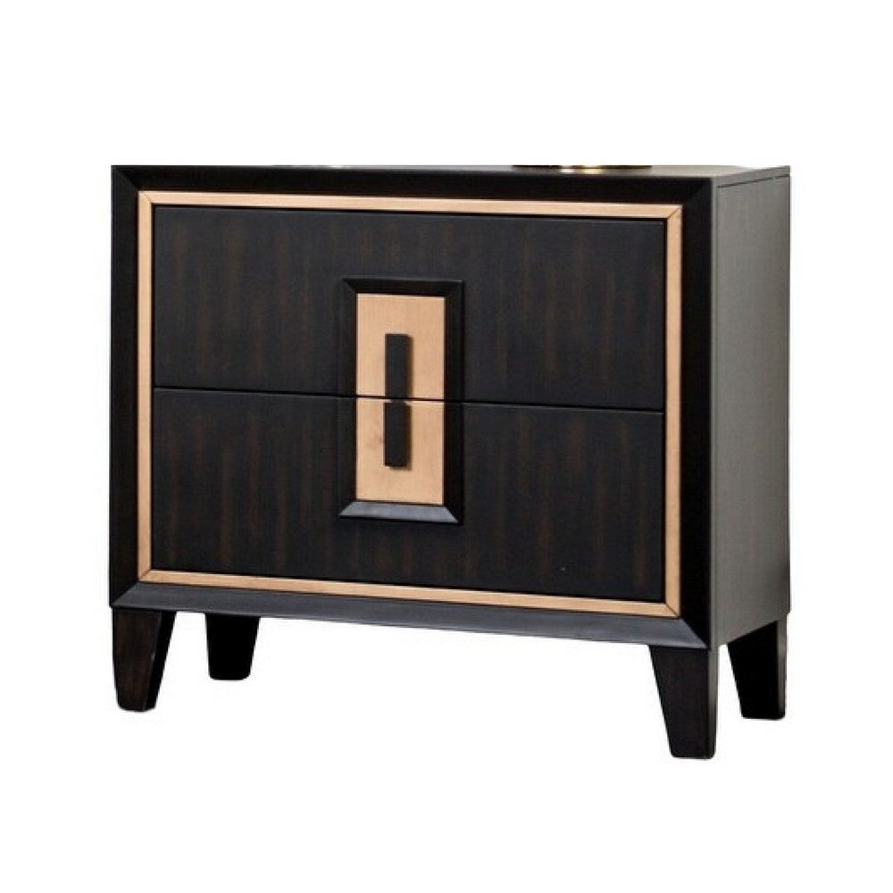 Yada Nightstand, 2 Drawers, Espresso Brown Solid Wood, Gold, 27 Inch - BM340918