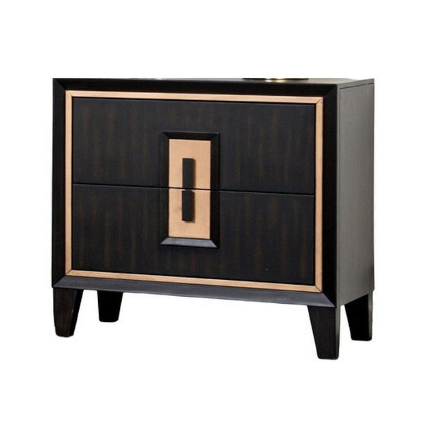 Yada Nightstand, 2 Drawers, Espresso Brown Solid Wood, Gold, 27 Inch - BM340918