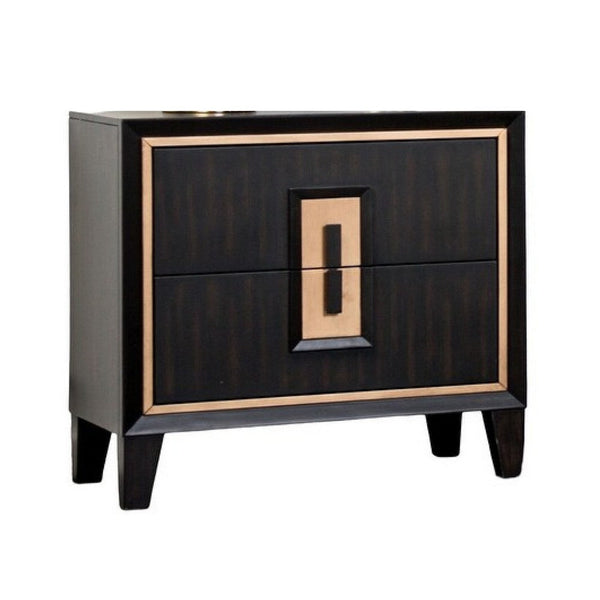 Yada Nightstand, 2 Drawers, Espresso Brown Solid Wood, Gold, 27 Inch - BM340918
