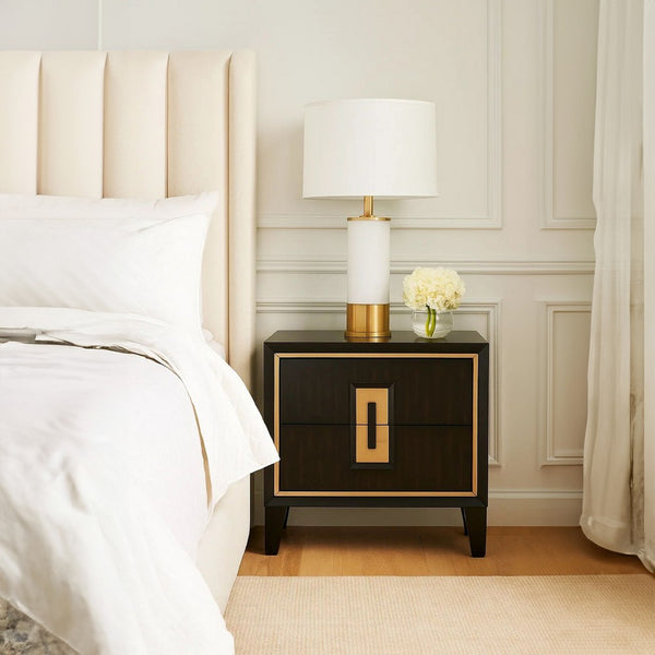 Yada Nightstand, 2 Drawers, Espresso Brown Solid Wood, Gold, 27 Inch - BM340918