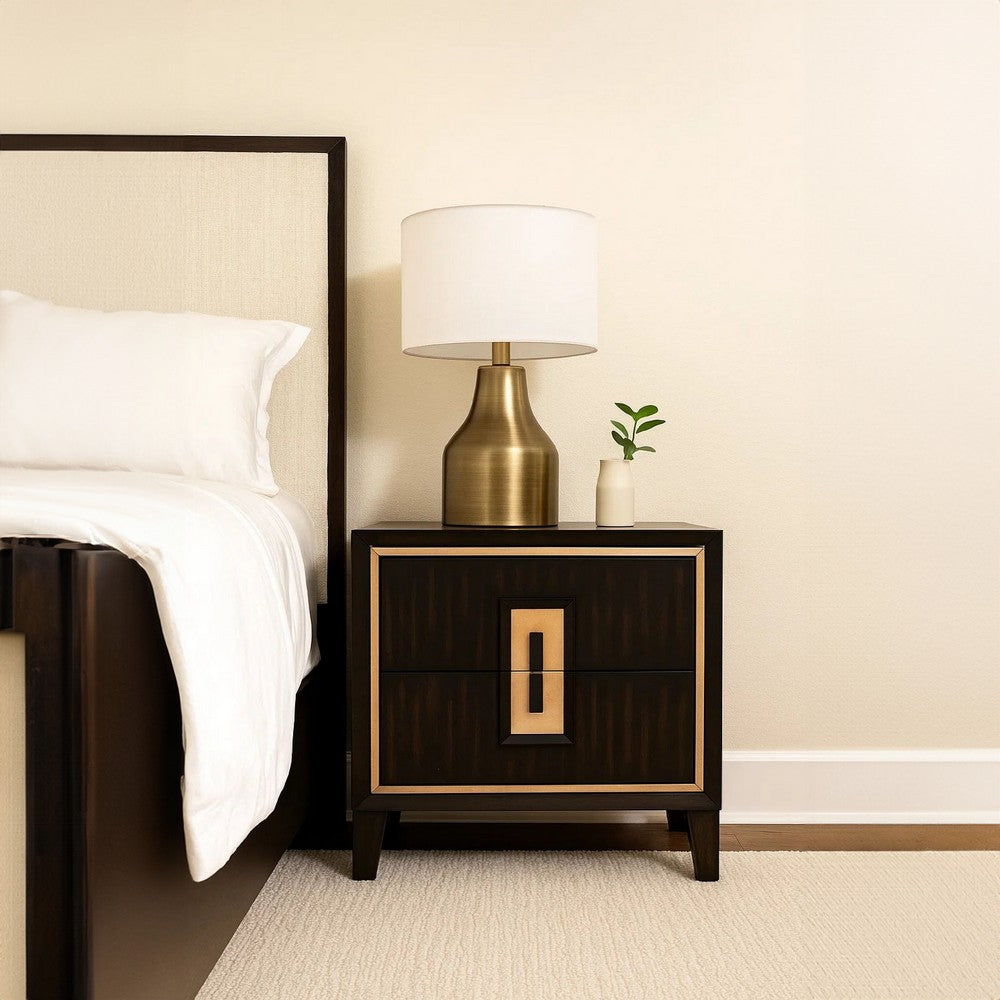 Yada Nightstand, 2 Drawers, Espresso Brown Solid Wood, Gold, 27 Inch - BM340918