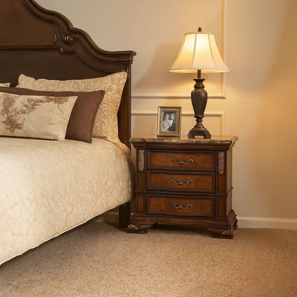 Iliana Nightstand, 3 Drawers, Ornate Oak and Dark Cherry Brown, 33 Inch - BM340921