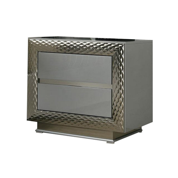 Vino 2 Drawer Nightstand, Plinth Base Gray Wood wity Silver Trim - BM340923