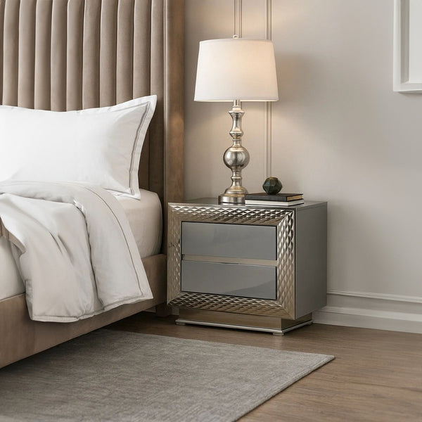 Vino 2 Drawer Nightstand, Plinth Base Gray Wood wity Silver Trim - BM340923