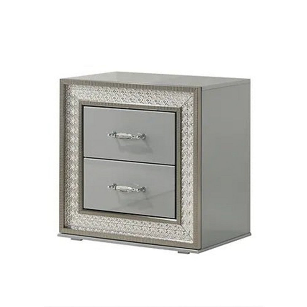 Cyl Nightstand with 2 Drawers, Scale Molding Trim, Metallic Gray Wood - BM340925