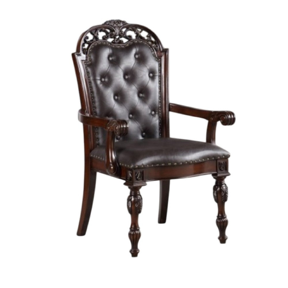 Eva Carved Dining Armchair Set of 2, Brown Tufted Faux Leather, Cherry - BM340929
