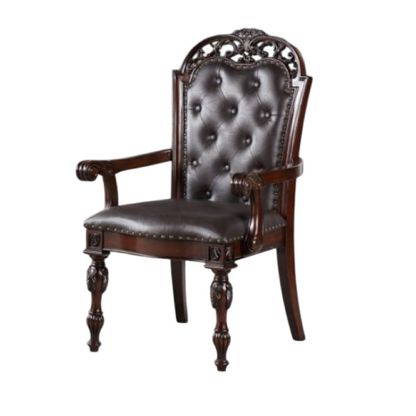 Eva Carved Dining Armchair Set of 2, Brown Tufted Faux Leather, Cherry - BM340929
