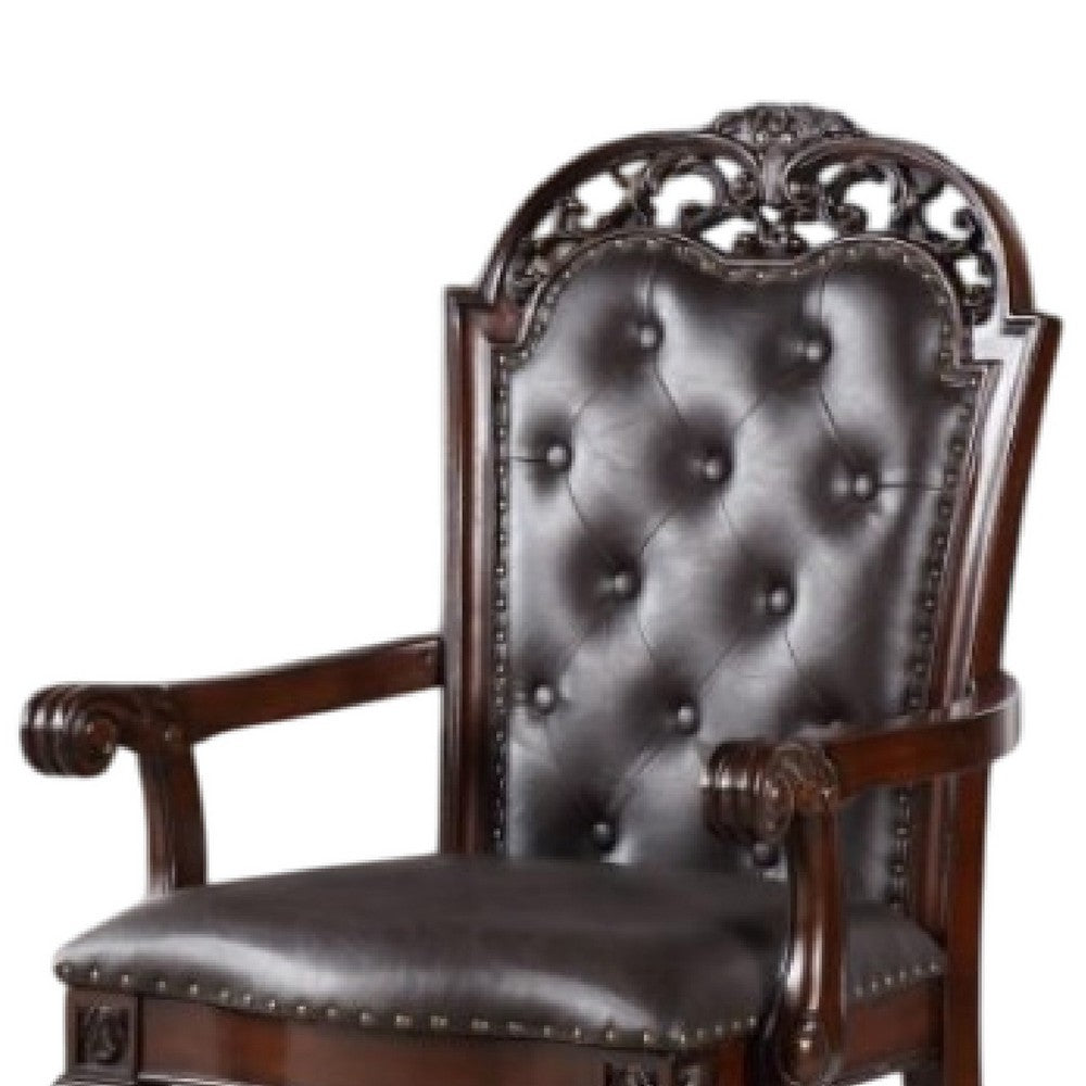 Eva Carved Dining Armchair Set of 2, Brown Tufted Faux Leather, Cherry - BM340929