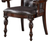 Eva Carved Dining Armchair Set of 2, Brown Tufted Faux Leather, Cherry - BM340929